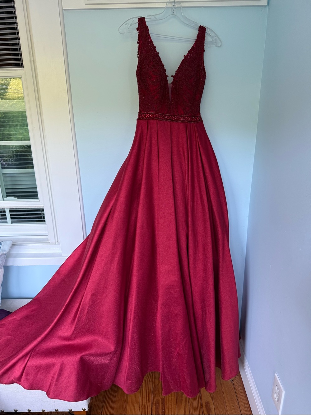 Deep Red Beaded V-Neck Gown